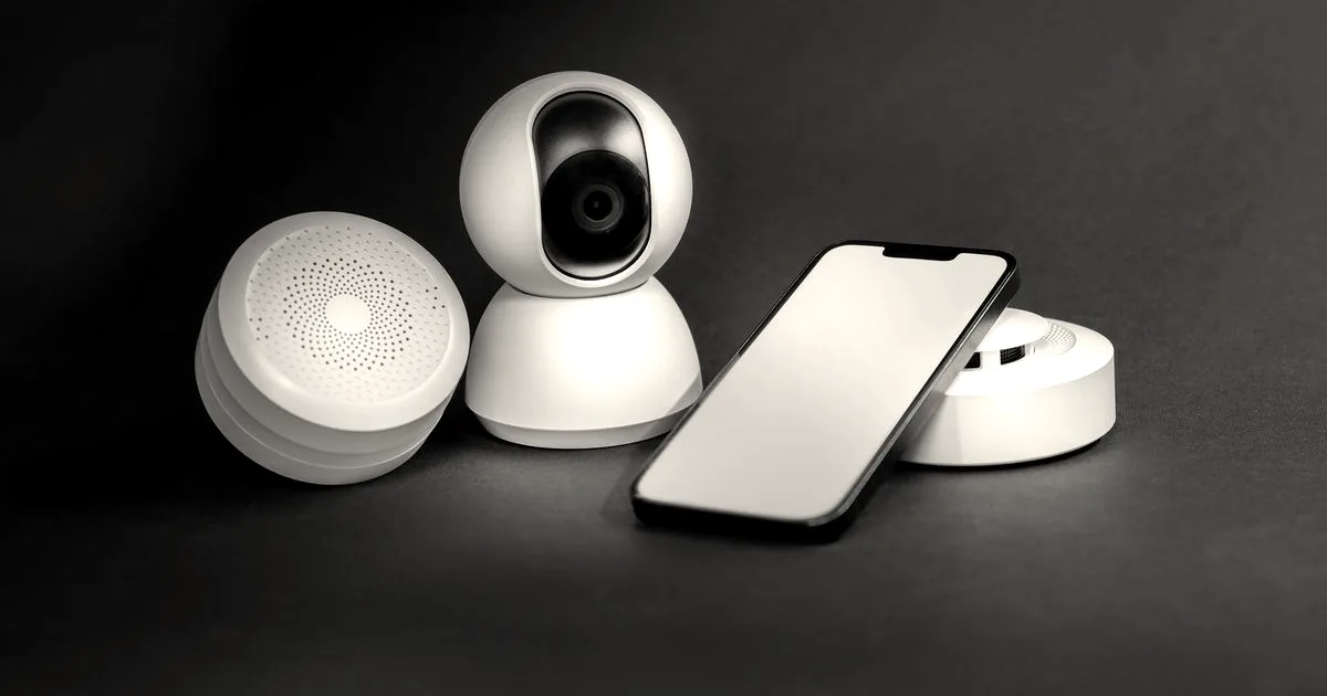 A sleek smartphone with modern smart home devices on a minimalist gray background.