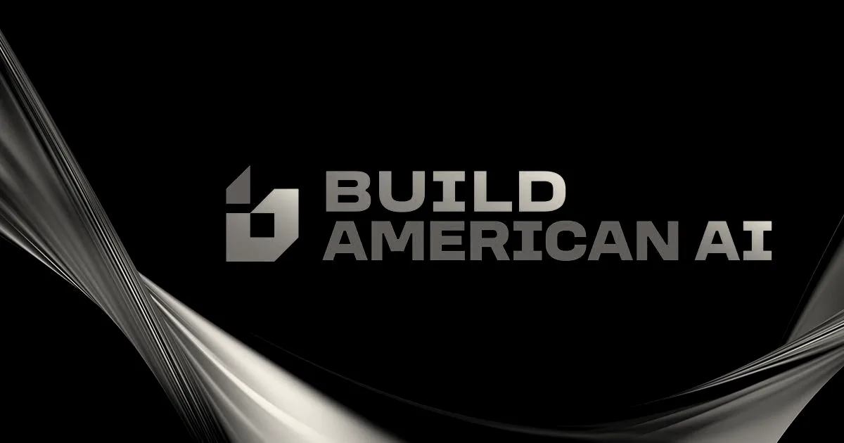 Build American AI logo and text in bold letters against a dark background with flowing abstract ribbons.