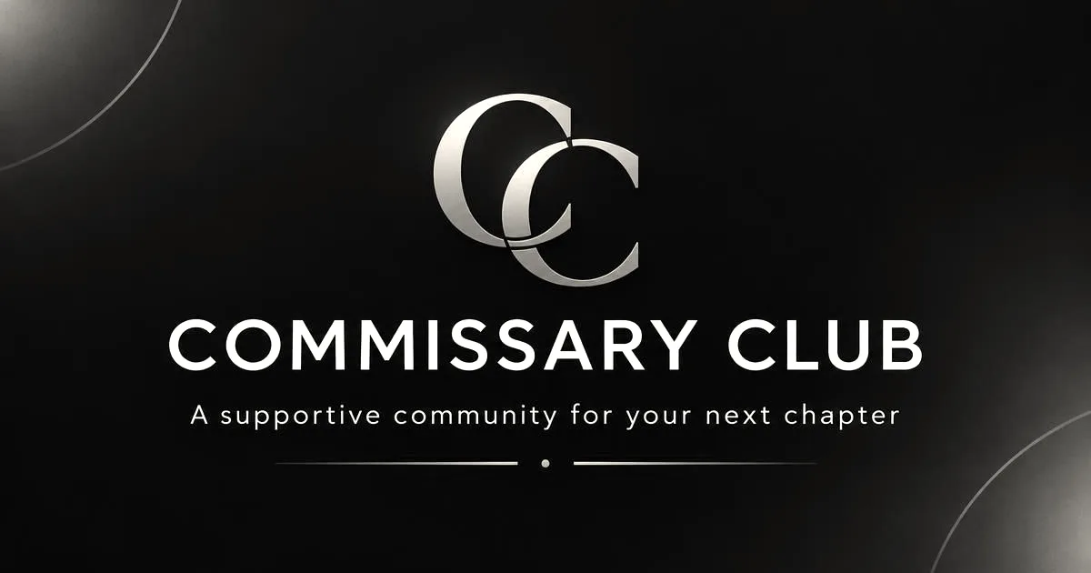 Navy blue background with golden CC monogram logo and white text reading Commissary Club.