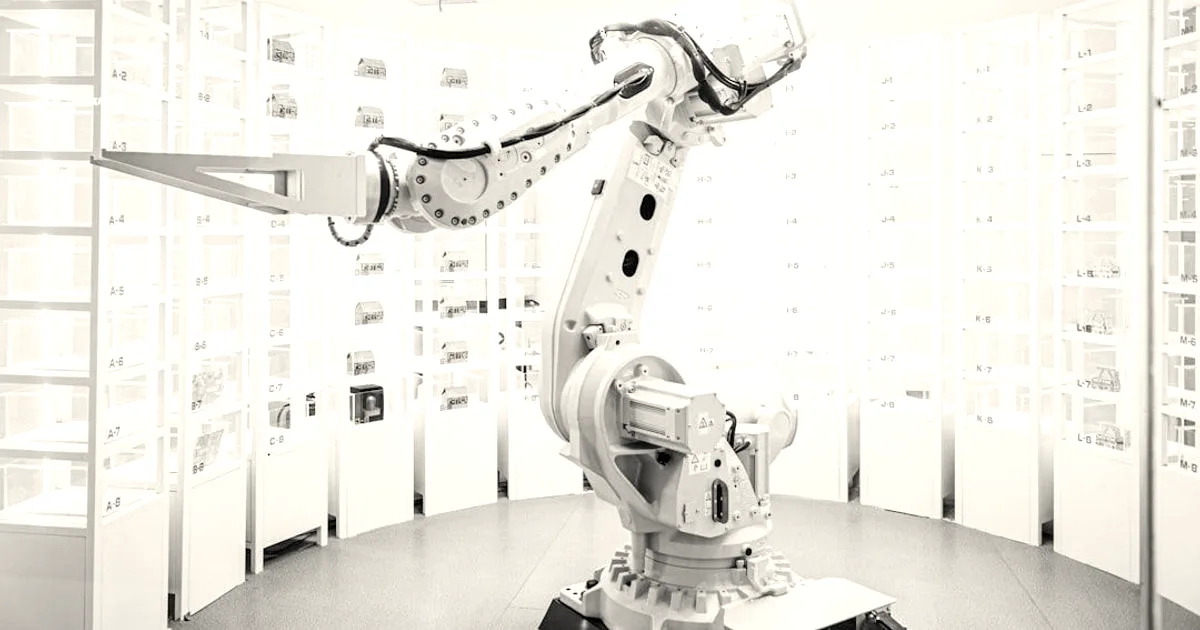 A sleek white robotic arm mounted in a bright, modern circular showroom surrounded by display shelves.