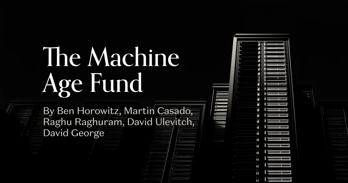 Graphic reading The Machine Age Fund against dark metallic server racks.