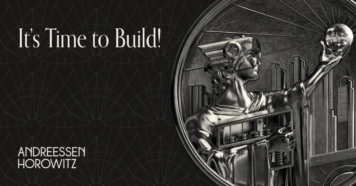Golden commemorative coin featuring a figure holding a sphere, alongside Andreessen Horowitz branding and the text It's Time to Build.