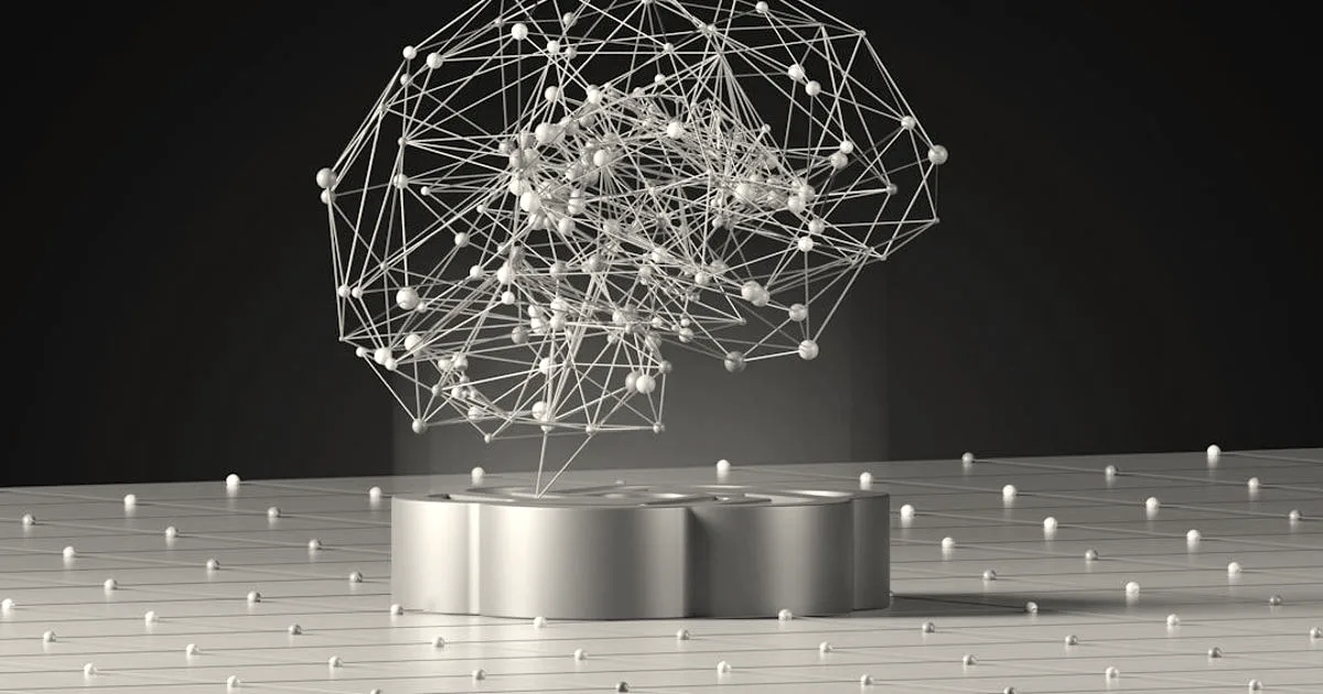 A 3D render of a glowing network node brain structure resting above a reflective purple platform.