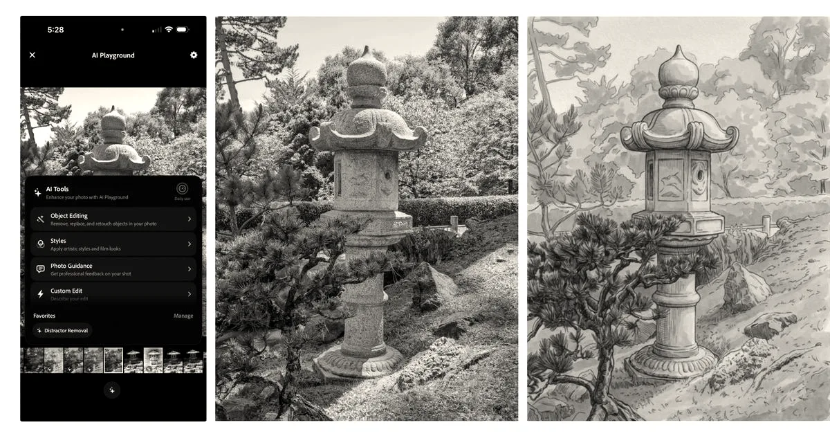 Three panels showing a mobile app interface, a photo of a stone lantern, and an AI-stylized sketch of the lantern.