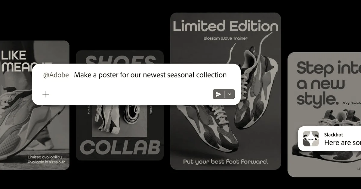 Slack interface prompt showing Adobe integration generating poster options for a seasonal shoe collection.