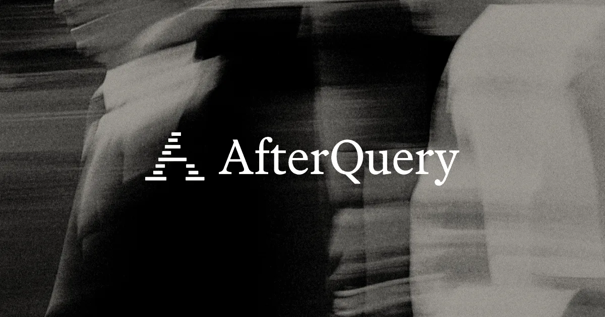 The AfterQuery logo and name displayed over a blurred black-and-white background of people walking.