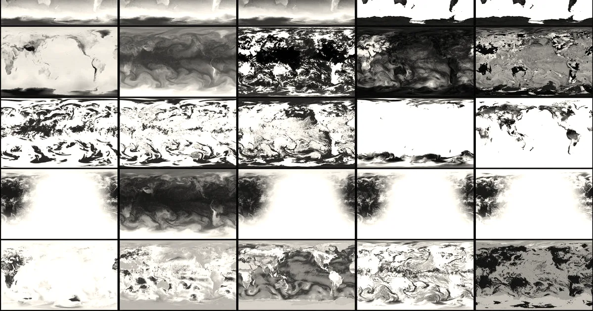 A grid of multiple global weather forecast heatmaps and atmospheric visualizations produced by artificial intelligence.