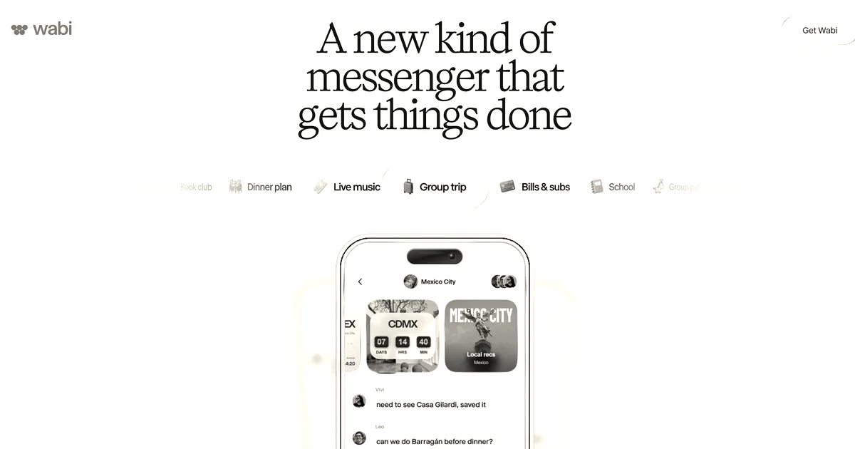 A smartphone interface showing Wabi's messenger app beneath headlines announcing a new kind of messenger.