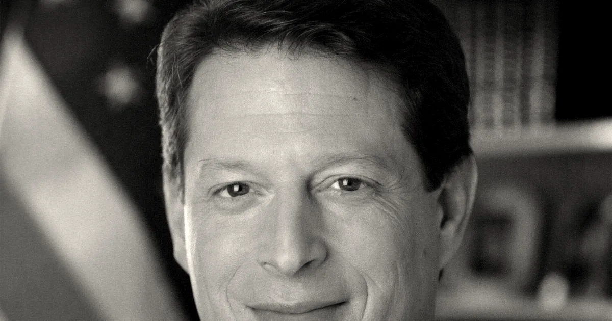 Official portrait photo of Al Gore smiling, wearing a suit and tie in front of an American flag.