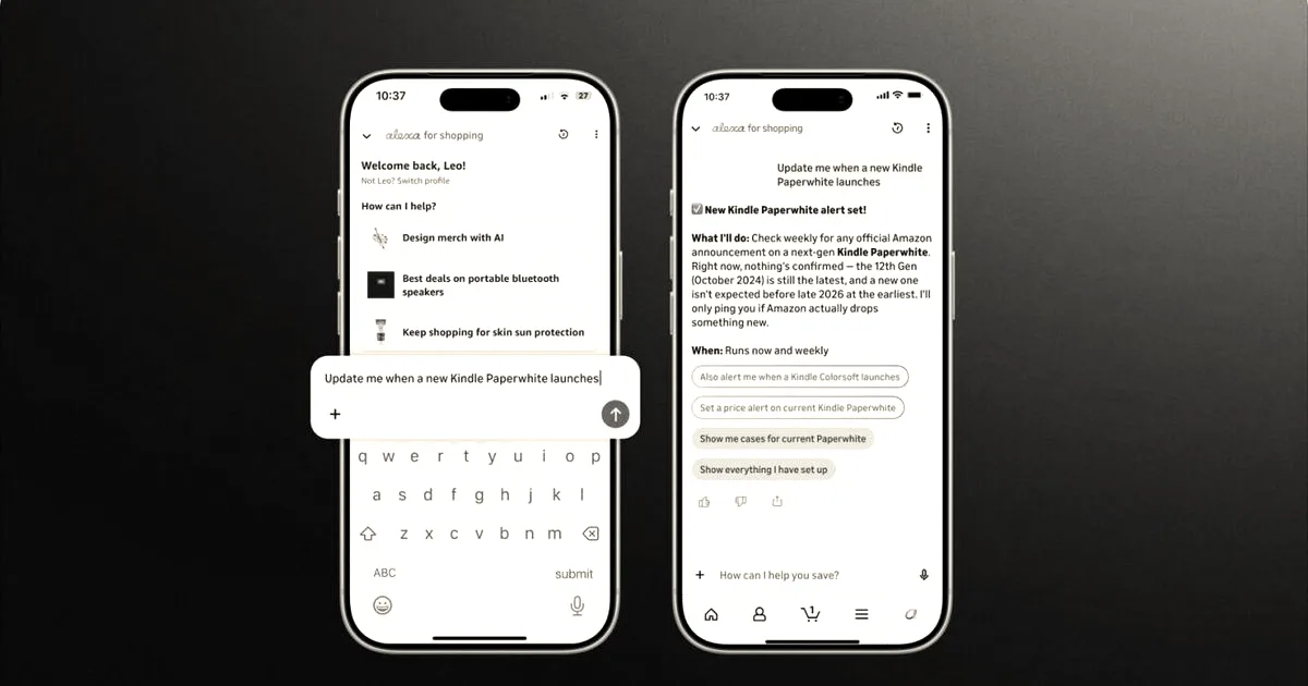 Two smartphone screens showing Amazon's Alexa assistant setting up shopping alerts for new Kindle launches.