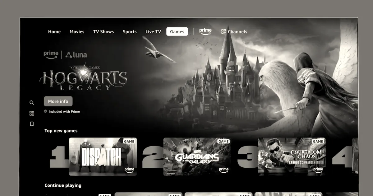 Amazon Prime Video television interface showcasing the new games section with titles like Hogwarts Legacy and Luna branding.