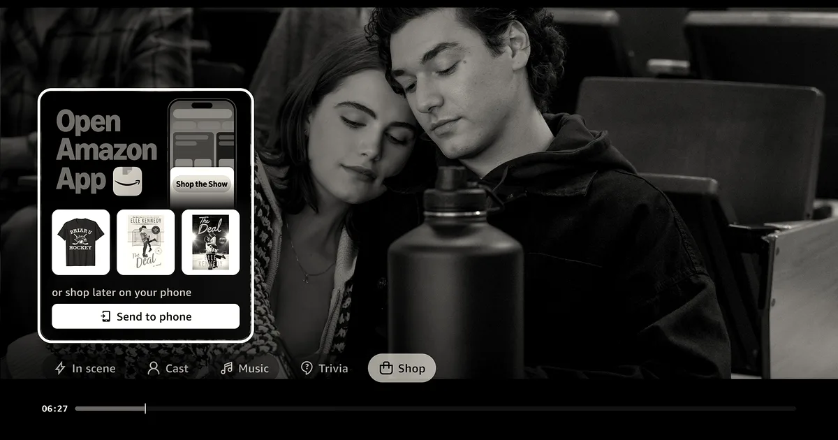 Amazon Prime Video interface displaying the X-Ray Shop tab alongside a scene from a show.