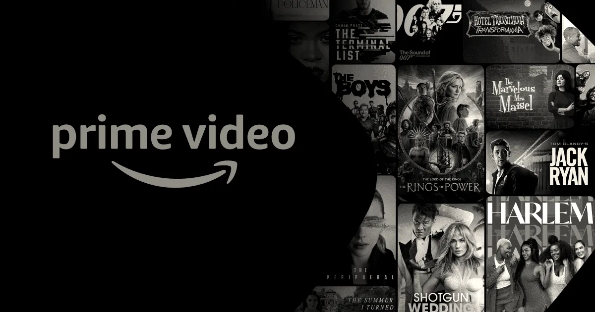 Amazon Prime Video logo with blue text and smile graphic against a dark backdrop showing various show posters.