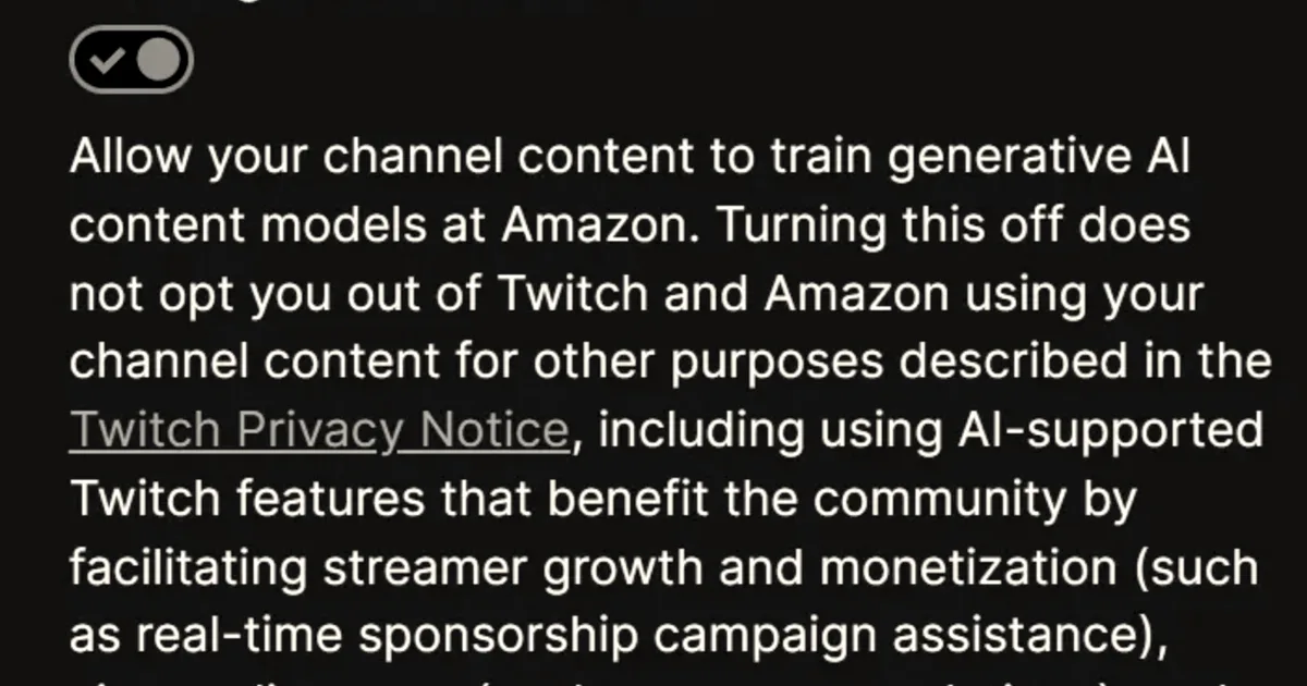 Screenshot of a Twitch settings toggle for allowing channel content to train generative AI models.