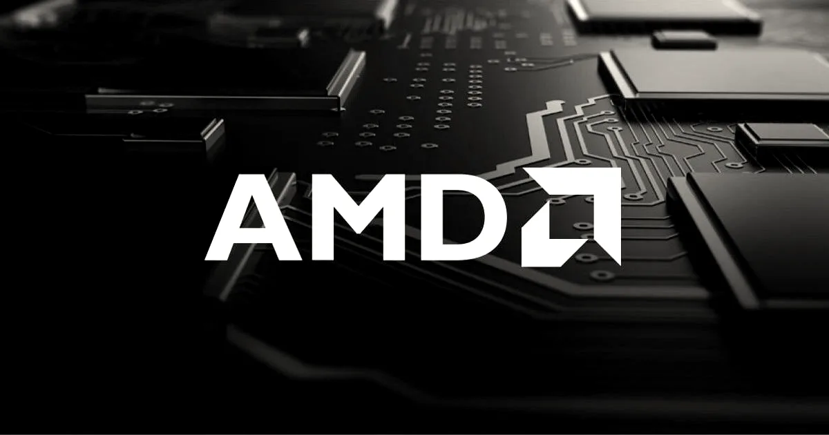 AMD logo in white text centered over a dark blue circuit board background with microchips.