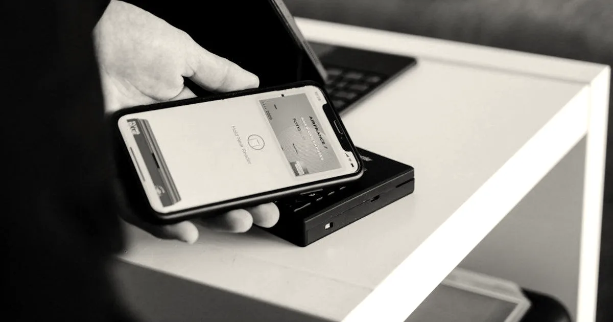 Close-up view of a person using a smartphone showing an American Express digital card for payment.