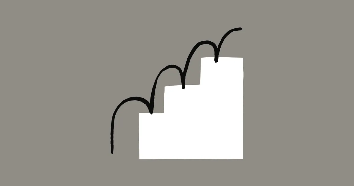 A stylized minimalist illustration of white steps with black curved lines indicating upward movement on a green background