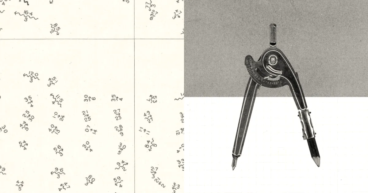 Vintage mathematical notes alongside a mechanical drafting compass over graph paper and cardboard.