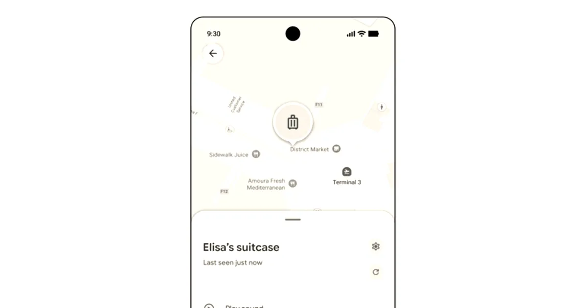 Smartphone displaying a map and item tracking details for Elisa's suitcase on an Android app.