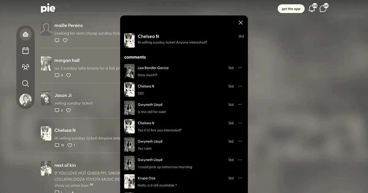 Screenshot of the Pie social app interface showing comments and messages negotiating ticket sales.