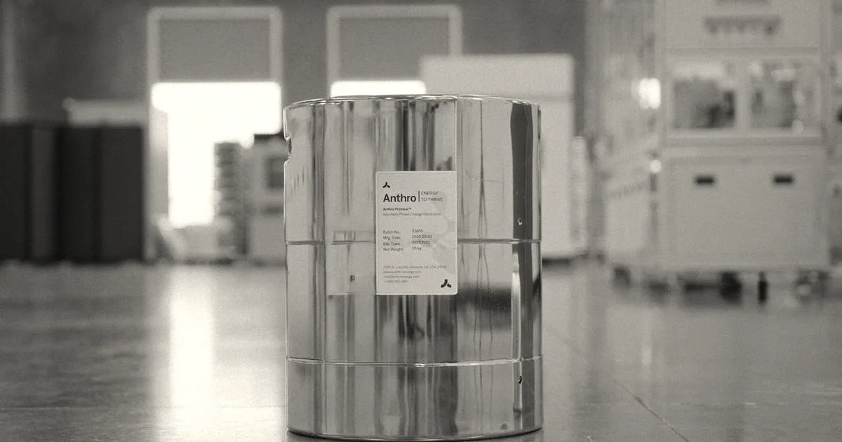 A stainless steel drum of electrolyte labeled Anthro Energy on an industrial factory floor.