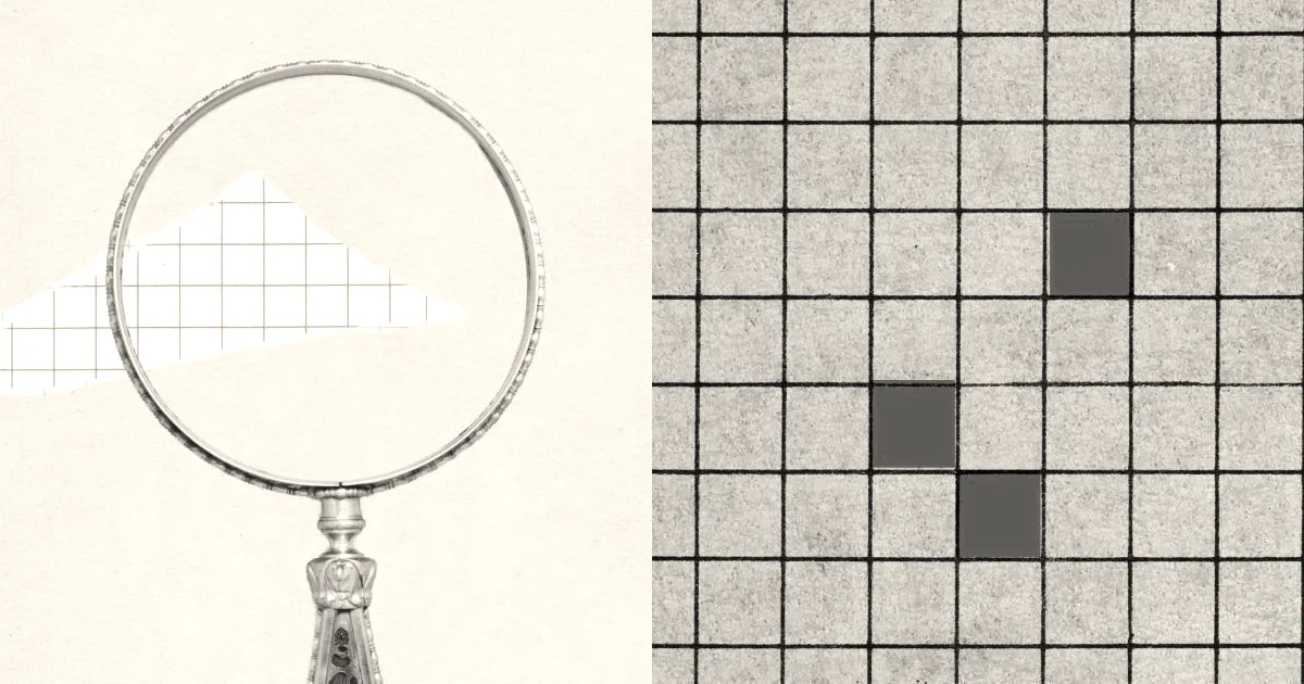 An illustration showing a magnifying glass examining grid paper alongside a grid with red highlighted squares.