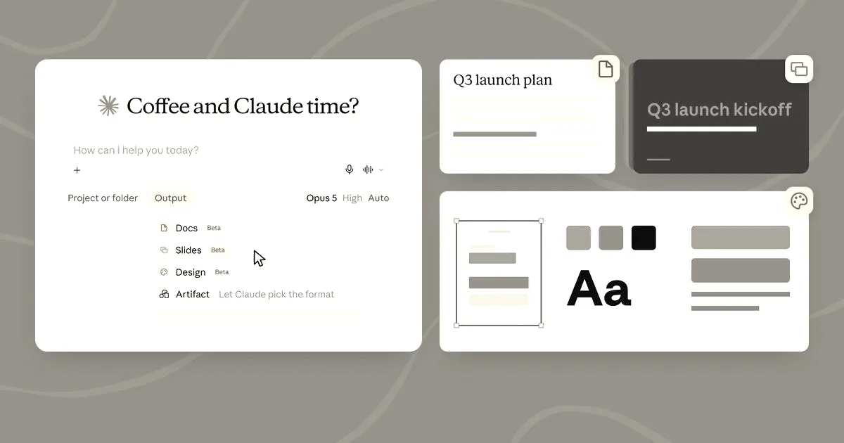 An illustrated interface graphic demonstrating the Claude interface with various formatting and project options on a warm background.