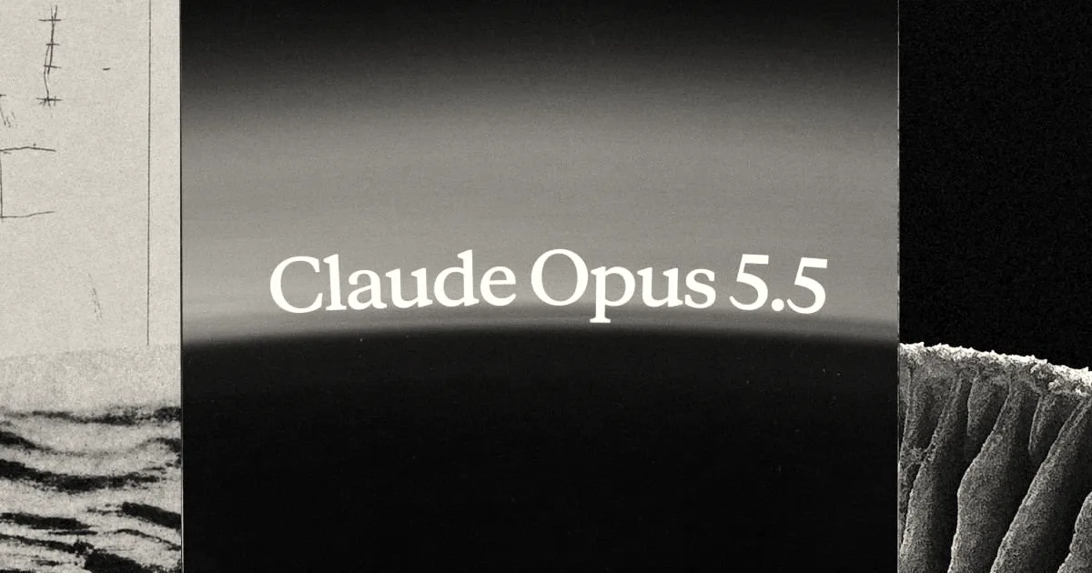 An image with an atmospheric sunset gradient and text reading Claude Opus 5.5.
