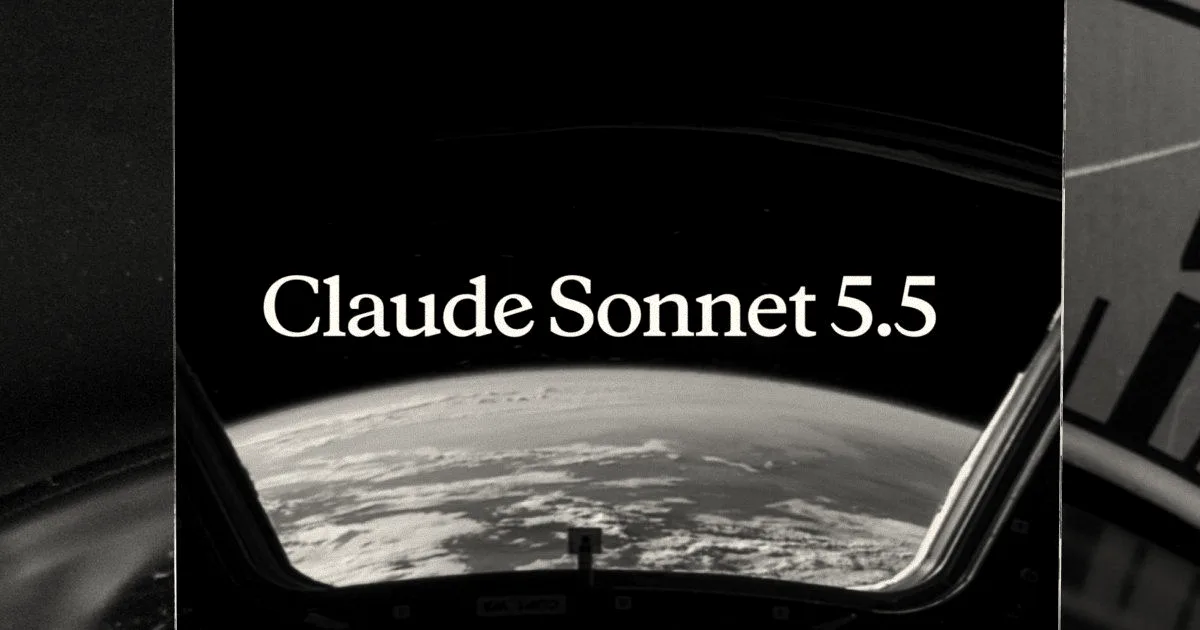 Earth viewed through an observation cupola window with text reading Claude Sonnet 5.5