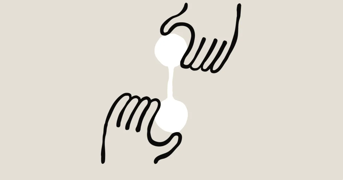 Abstract line drawing of two hands connected by a thread linking two glowing orbs, Anthropic brand illustration