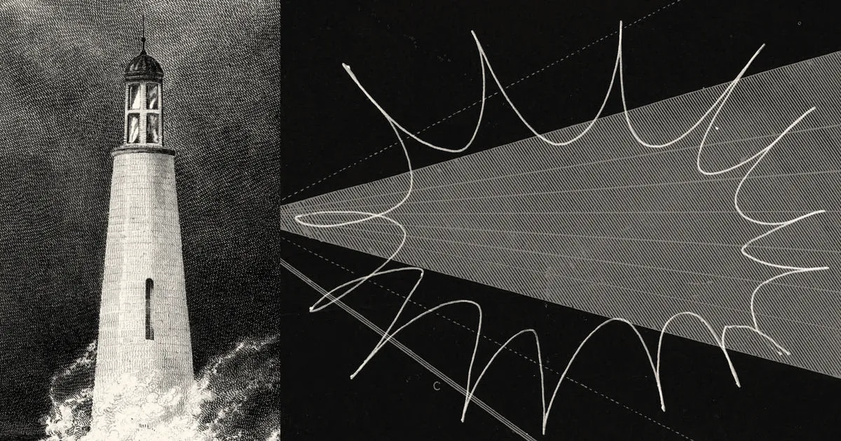 An artistic split illustration showing an engraved lighthouse beside an abstract beam of light radiating across a dark background.
