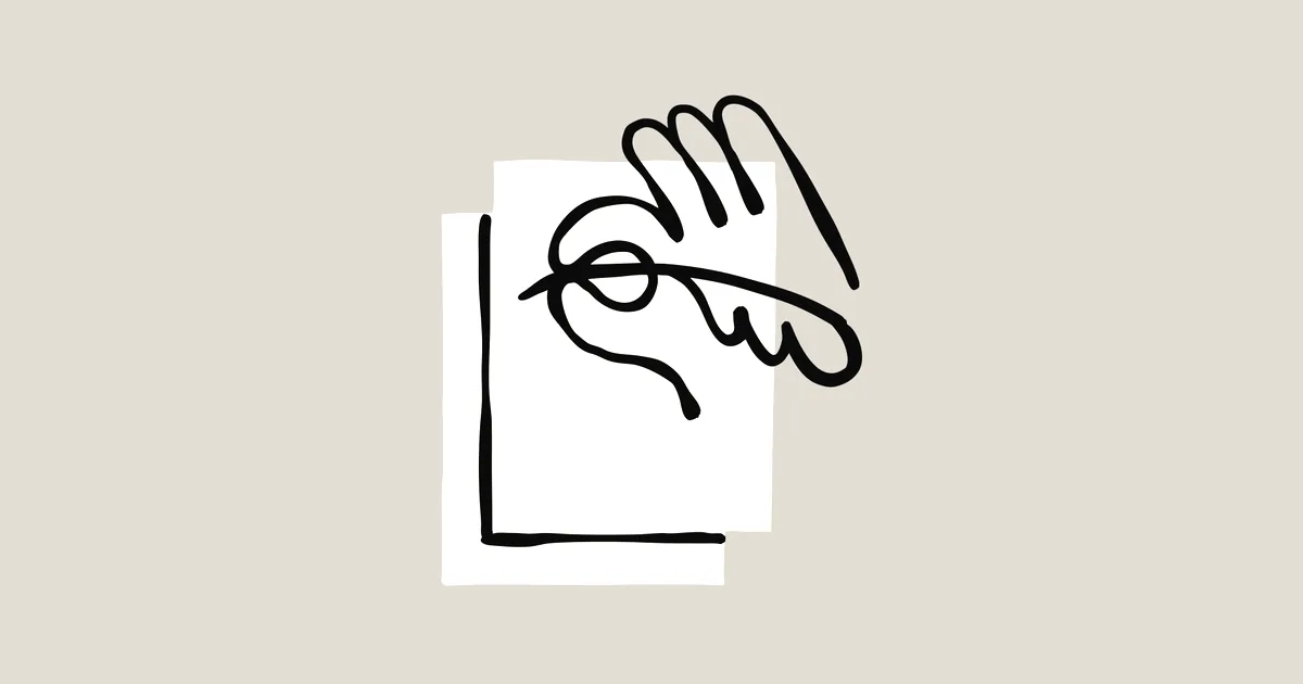 Minimalist black line art illustration of a hand writing on paper over a light purple background