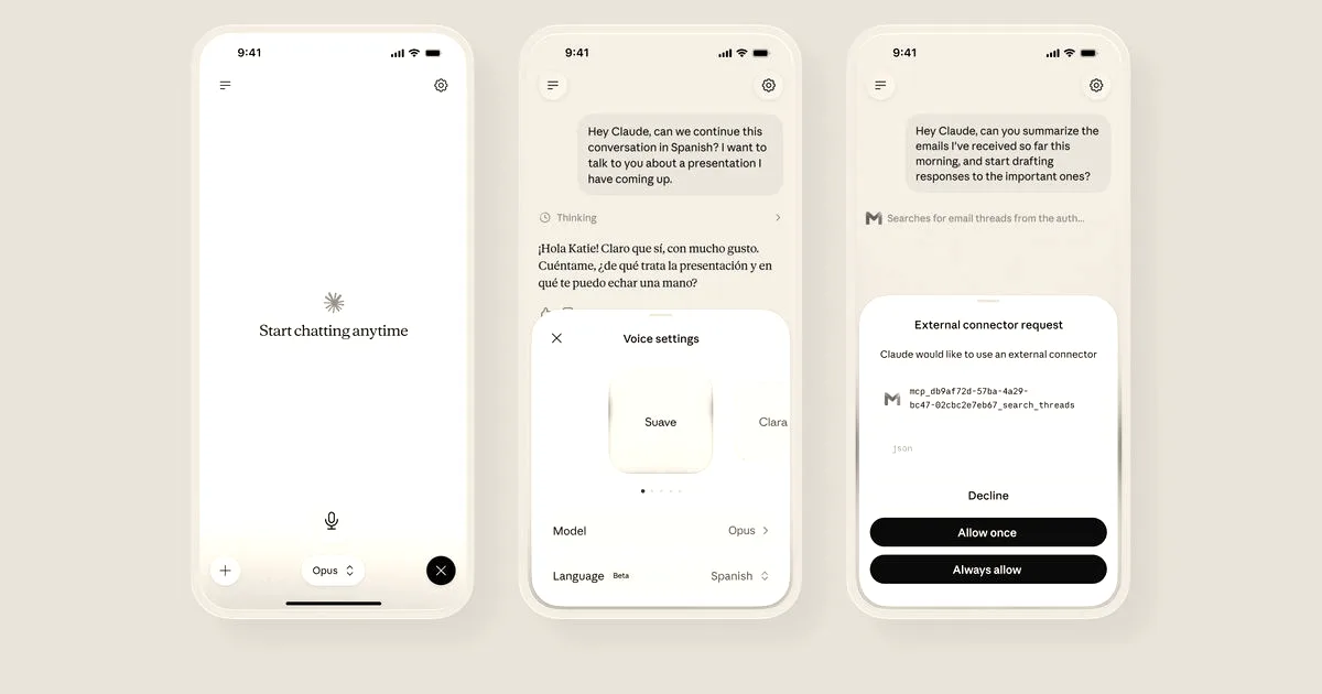 Three smartphones showing the Claude voice mode interface with various settings and menus displayed.