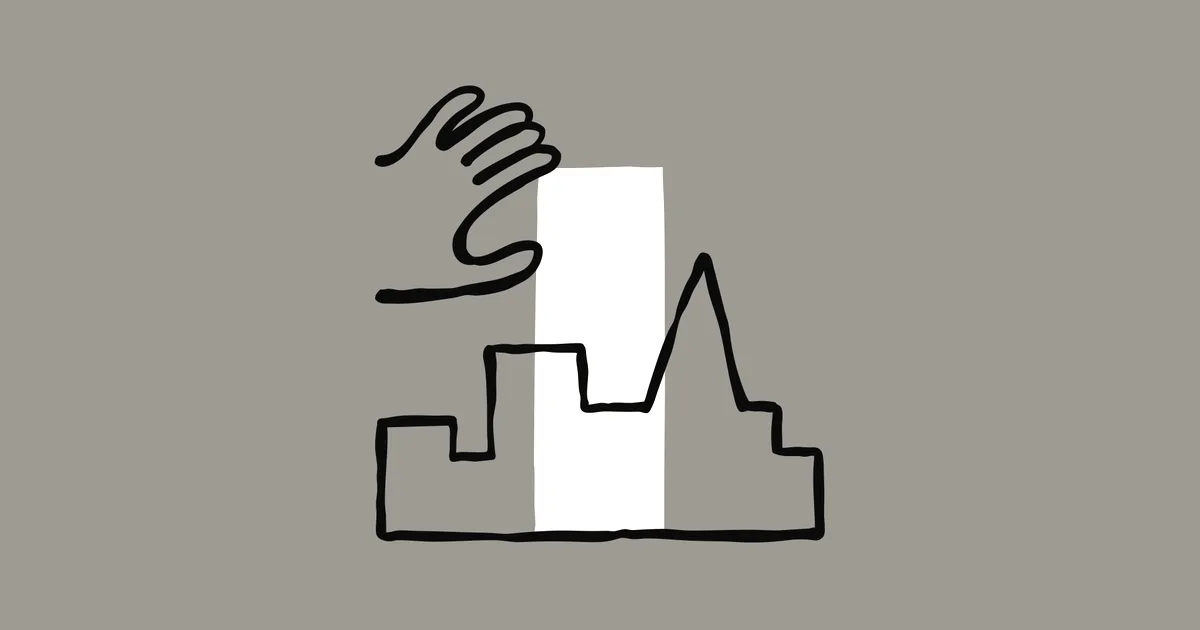 An illustration featuring a hand reaching down toward a stylized city skyline with a tall building in the center.