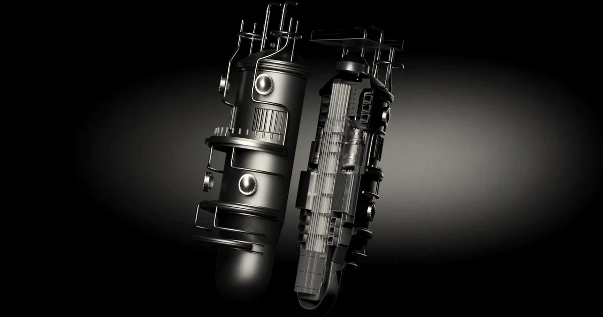 Cutaway diagram showing the internal components and external casing of an Apollo Atomics compact nuclear reactor.