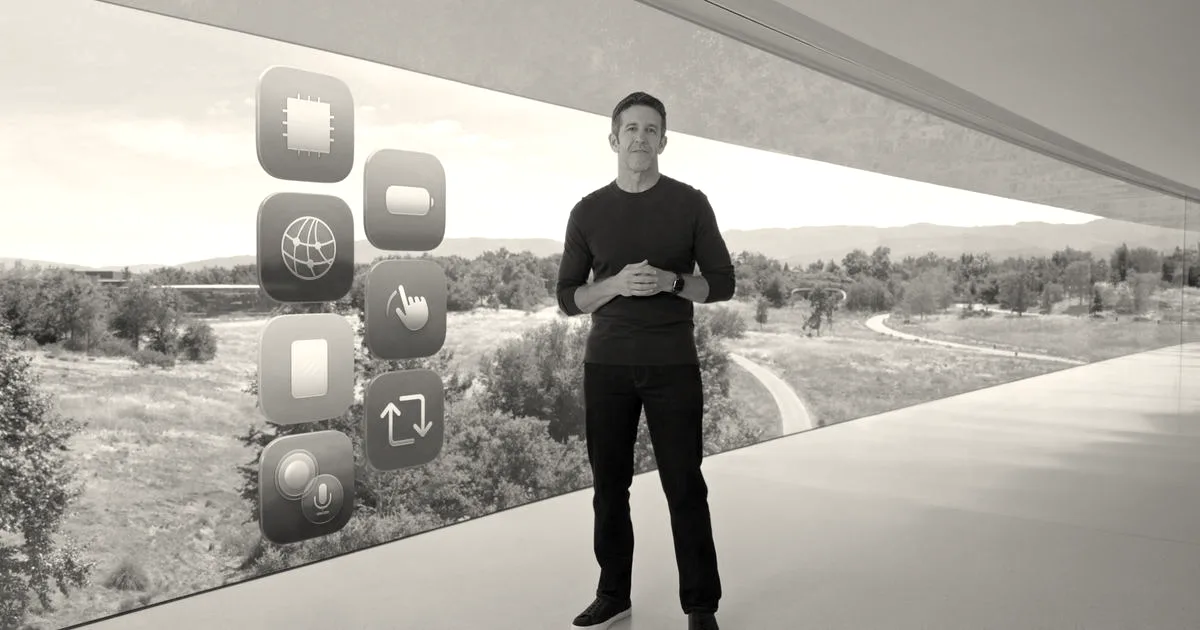 Apple executive John Ternus standing on a balcony at Apple Park beside floating graphical interface icons.