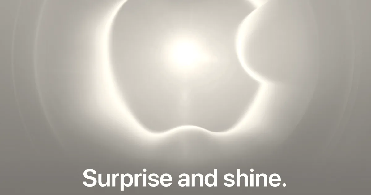 Glowing iridescent Apple logo centered on a blue background with the text Surprise and shine.