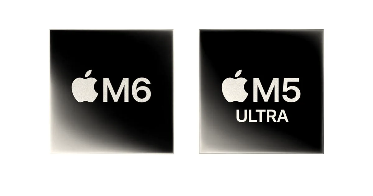 Graphic showing Apple M6 and M5 Ultra chip processors side by side on a white background