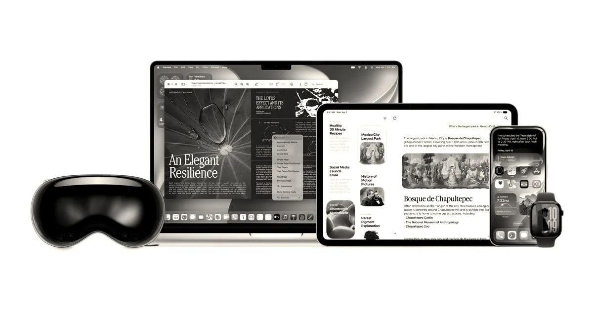 An assortment of Apple devices including a Vision Pro, MacBook, iPad, iPhone, and Apple Watch displayed on a white background.