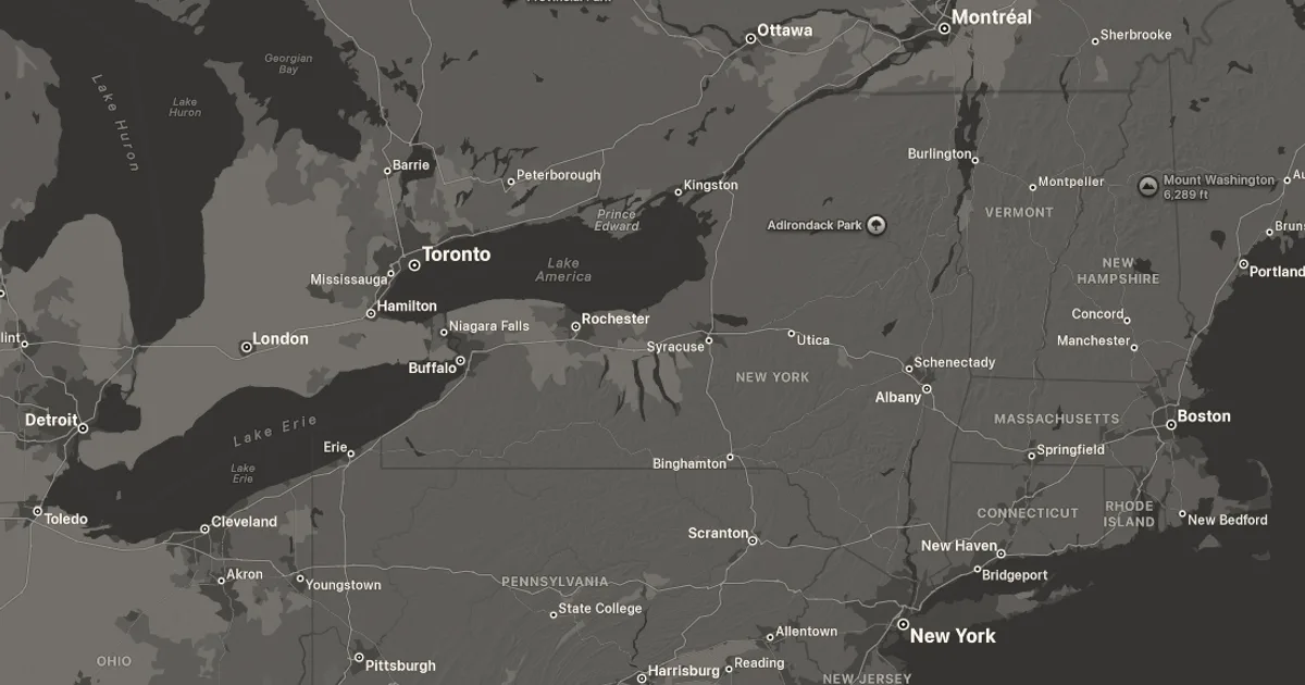 Screen capture of Apple Maps displaying eastern North America with Lake America labeled over Lake Ontario.