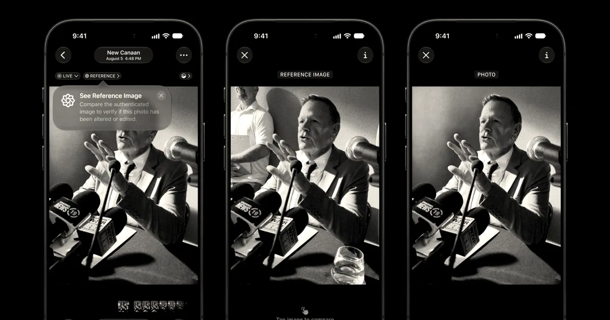 Three iPhones side-by-side demonstrating the Photos app Apple Reference Image verification feature on a press conference photo.