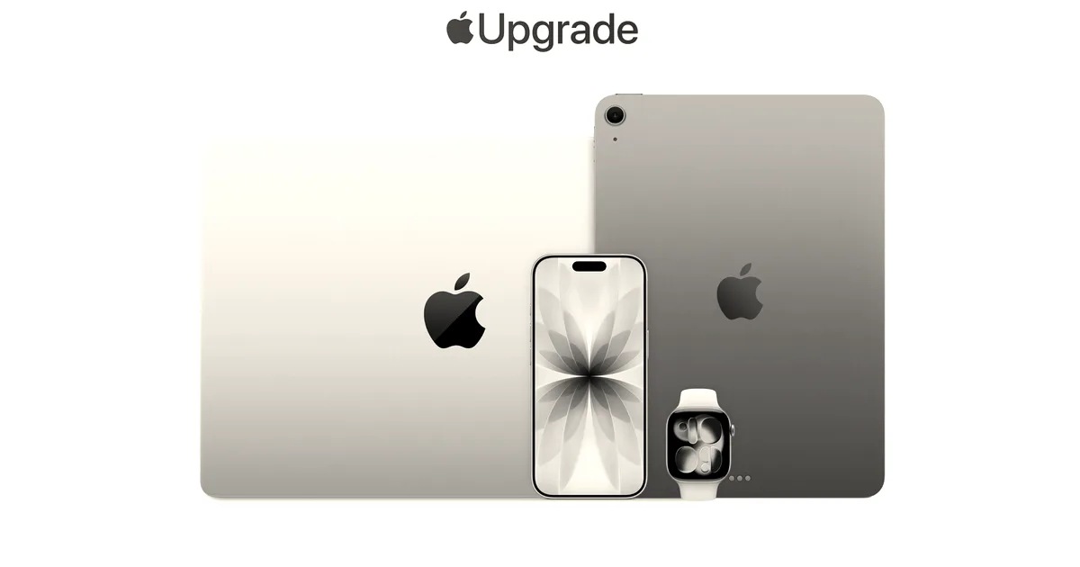An array of Apple devices including a MacBook, iPad, iPhone, and Apple Watch below the Apple Upgrade logo.