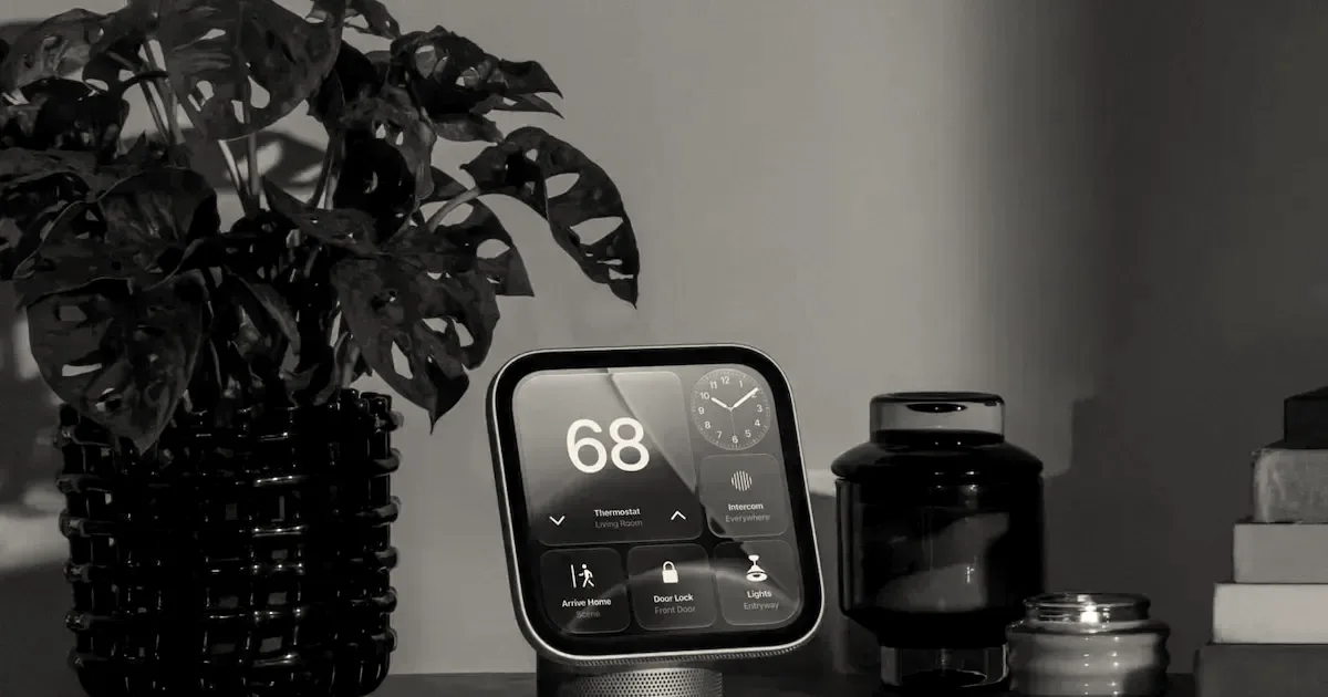 An Apple HomeView smart display sits on a wooden sideboard next to a potted plant.