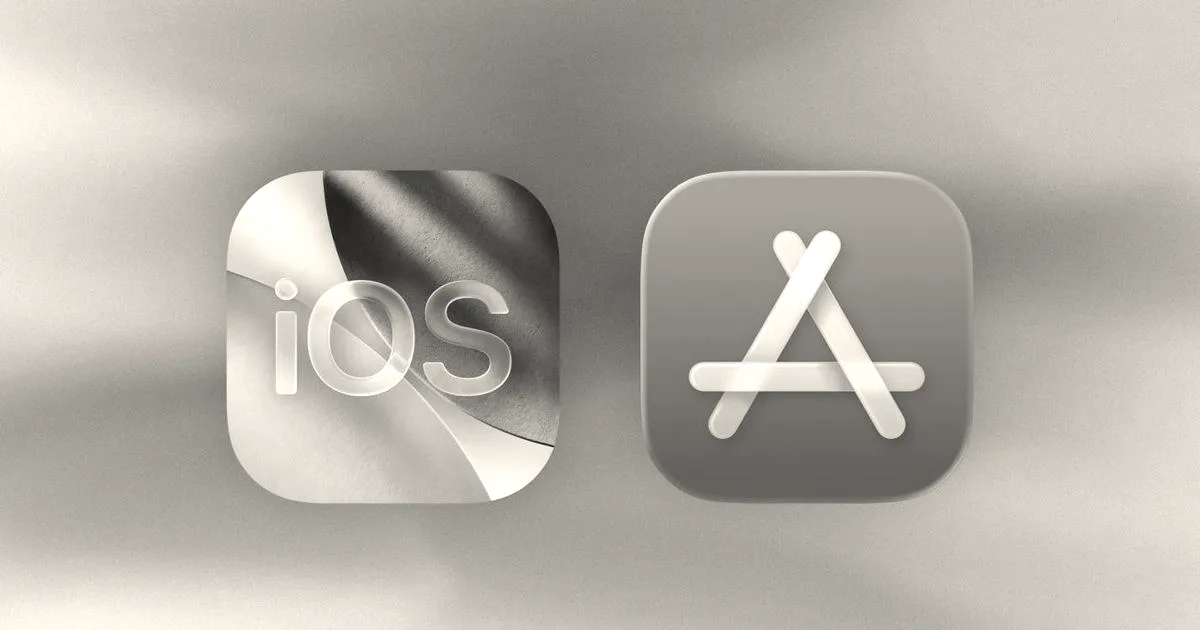 Digital illustration featuring an iOS logo icon alongside the blue Apple App Store icon on a light blue background.