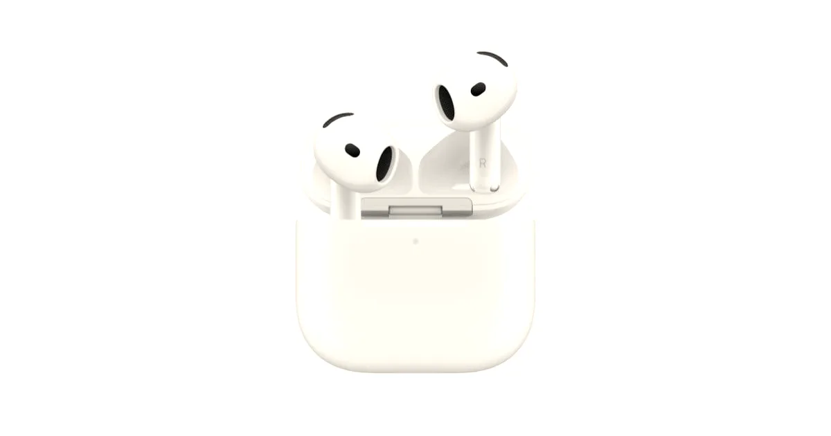 A pair of white Apple AirPods 5 resting inside their open wireless charging case against a white background.