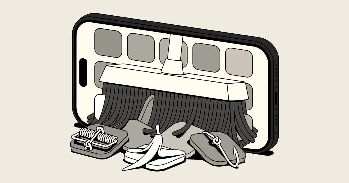 An illustration of a broom cleaning app icons and trap hazards from inside a smartphone screen.