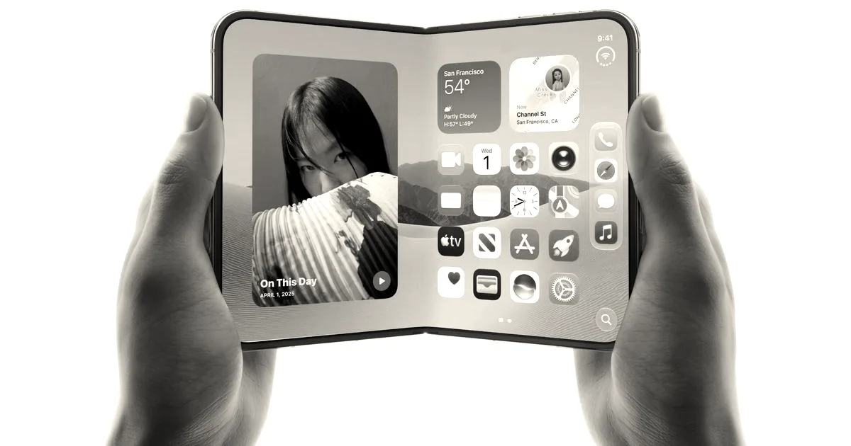 Hands holding a foldable Apple iPhone Duo showing an open folding display with iOS home screen widgets