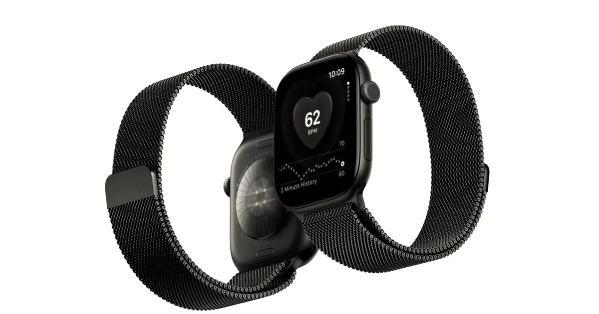 Two brown Apple Watch Series 12 smartwatches with mesh bands displaying a heart rate monitoring application interface.