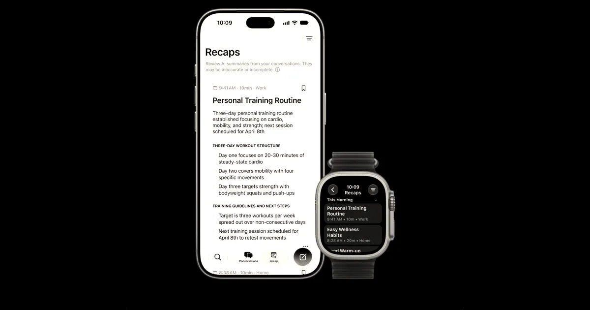 An iPhone and Apple Watch Ultra displaying conversation recaps and summaries on a dark background.