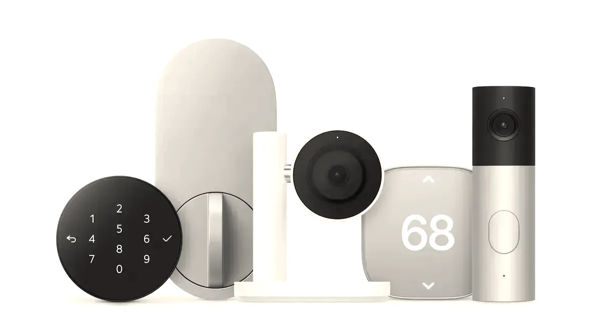 A collection of smart home devices including a keypad lock, indoor camera, thermostat, and video doorbell.
